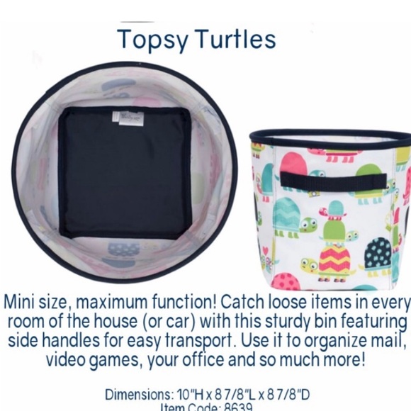Thirty One Mini Storage Tote Bin W/ Handles in Topsy Turtles Print - Picture 2 of 6